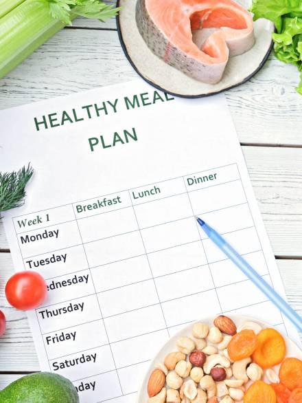 meal plan for a week on a table among tomatoes, fish, nuts, greens and avocado. meal plan for a week on a table among tomatoes, fish, nuts, greens and avocado. healthy eating, dieting, slimming and weigh loss concept, top view, flat lay